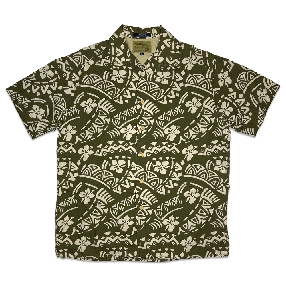 Vintage Tommy Hilfiger Standard Issue Green Tan Hawaiian Floral Button Up Shirt